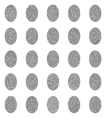 Set of icons with black white unique fingerprints from various curve lines and stains isolated vector illustration