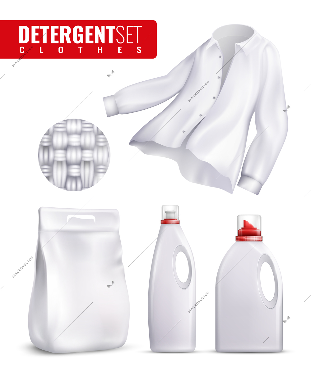 White detergents clothes icon set with laundry detergent and fabric softener bottles vector illustration