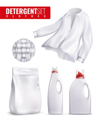 White detergents clothes icon set with laundry detergent and fabric softener bottles vector illustration