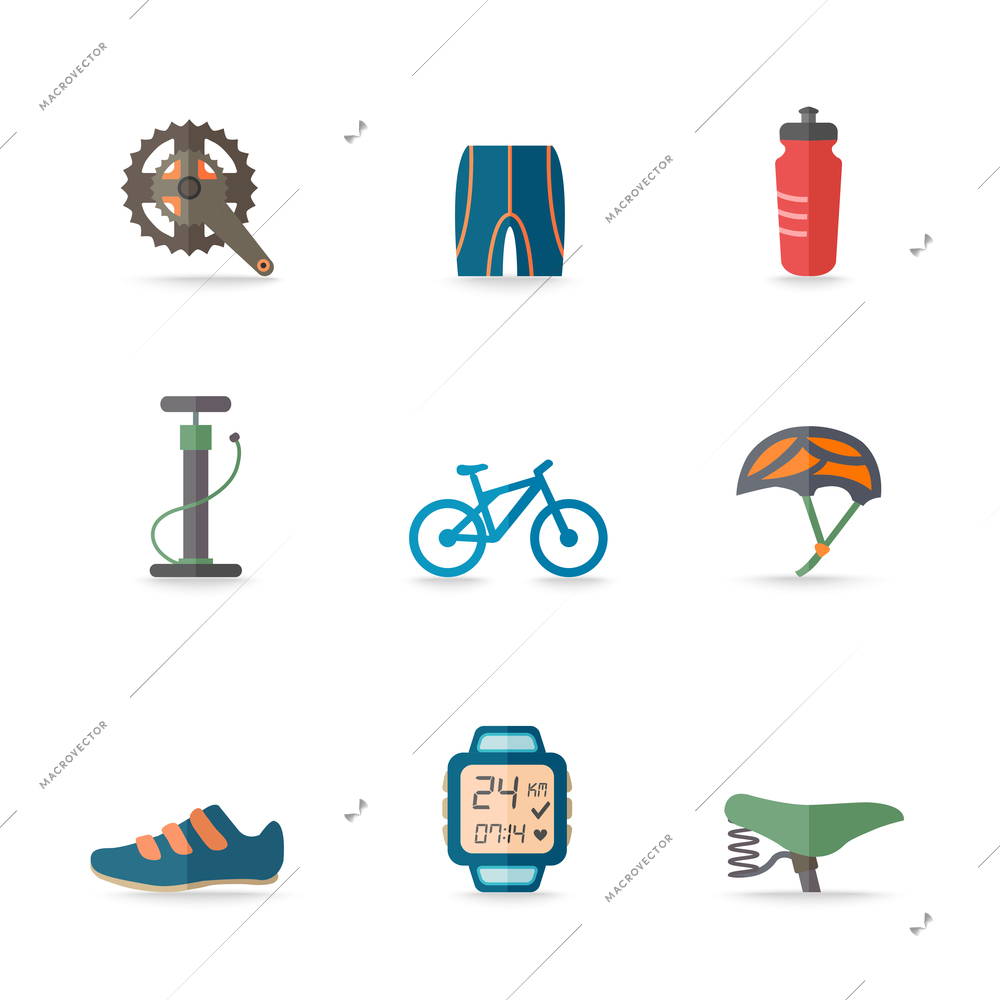 Bicycle bike sport fitness flat icons set with hand pump seat helmet isolated vector illustration