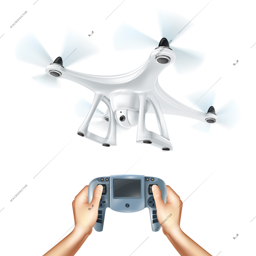 Realistic unmanned drone with digital camera and hands holding remote control device on white background isolated vector illustration