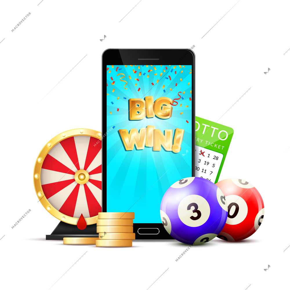 Online casino colorful composition advertisement with mobile big win screen chips roulette lottery card realistic vector illustration
