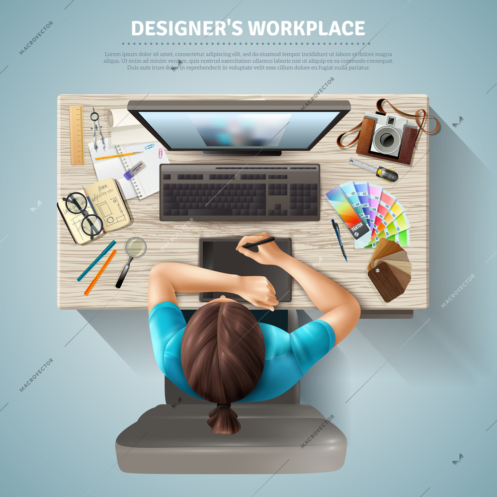 Workplace table of female designer with computer camera and stationery top view realistic vector illustration