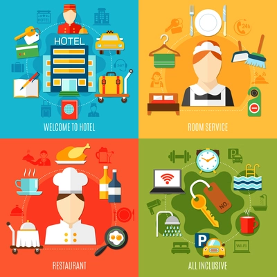 Hotel 2x2 design concept with restaurant and room services and all inclusive icons flat vector illustration