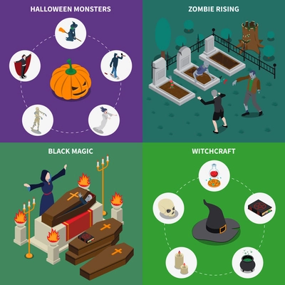 Isometric monster halloween icon set with zombie rising black magic witchcraft descriptions vector illustration
