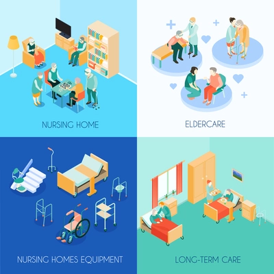 Nursing home eldercare concept 4 isometric icons square with long-term care unit activities isolated vector illustration