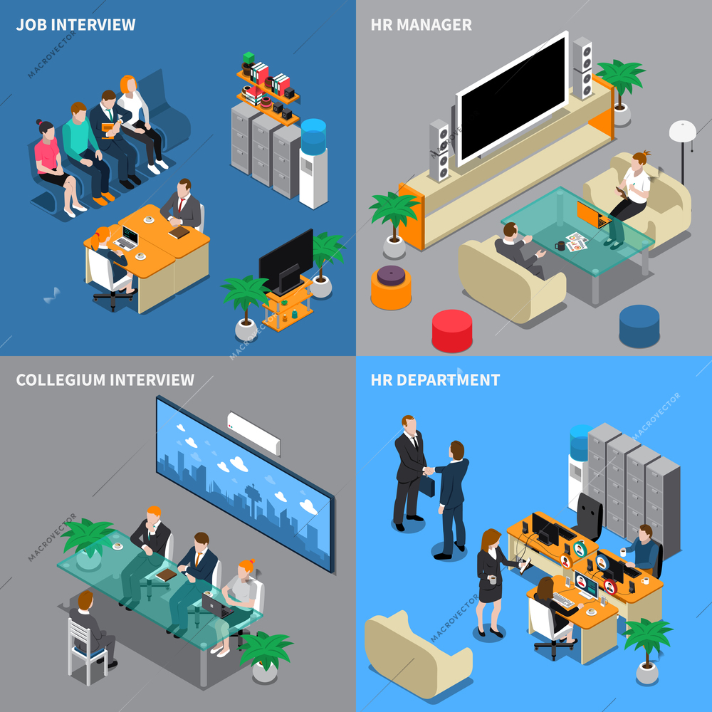 Four squares recruitment hiring HR management isometric people icon set with job interview hr manager hr department descriptions vector illustration