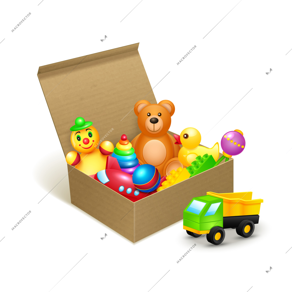 Decorative children toys collection in cardboard paper box vector illustration