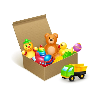 Decorative children toys collection in cardboard paper box vector illustration