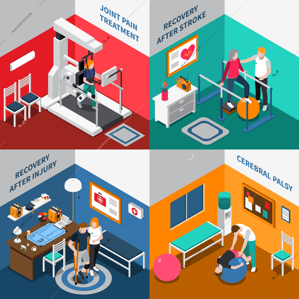 Four squares physiotherapy rehabilitation isometric icon set with joint pain treatment recovery after stroke and injury cerebral palsy descriptions vector illustration