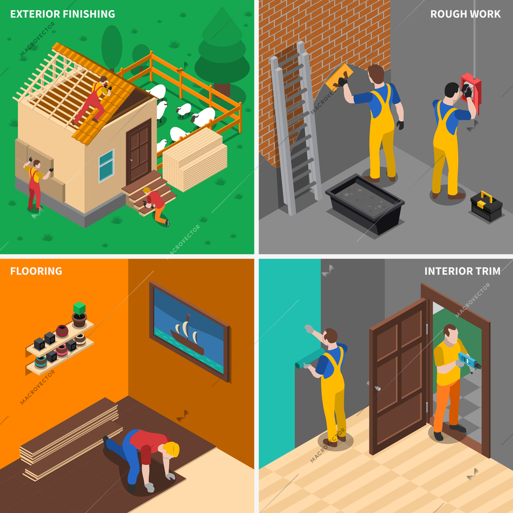 Four home repair worker people icon set with exterior finishing rough work flooring interior trim description vector illustration