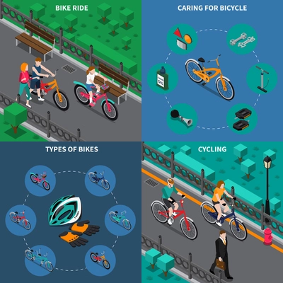 Four squares bicycle isometric composition set with bike ride caring for bicycle types of bikes and cycling descriptions vector illustration