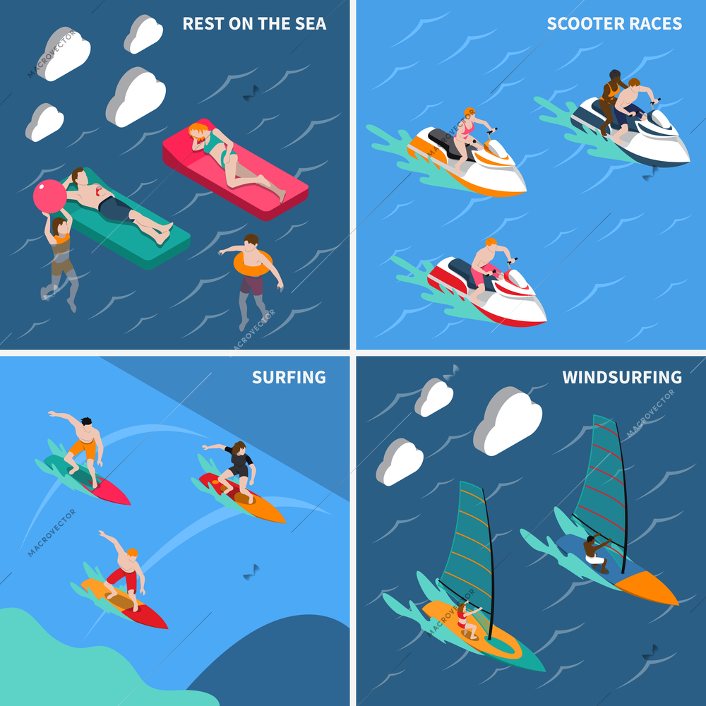 Four squares water sports isometric people icon set with rest on the sea scooter races surfing and windsurfing descriptions vector illustration