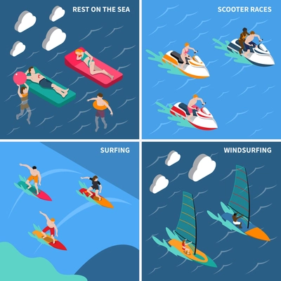 Four squares water sports isometric people icon set with rest on the sea scooter races surfing and windsurfing descriptions vector illustration