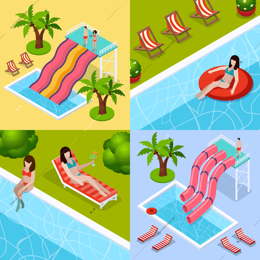 Four square water park aquapark isometric icon set with different types of waterslides vector illustration