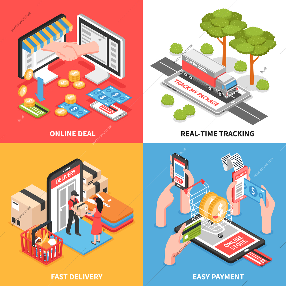 Shopping online e-commerce concept 4 isometric icons set with delivery tracking and easy payment isolated vector illustration