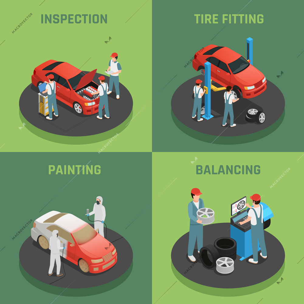 Vehicles repair and maintenance autoservice concept 4 isometric background icons square with car inspection balancing fitting vector illustration