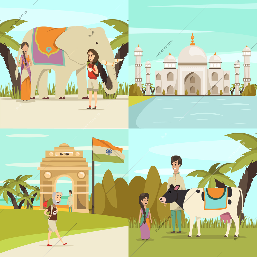 India 2x2 design concept set of gateway taj mahal mausoleum locals with sacred animal cow and symbol of prosperity elephant signs flat vector illustration