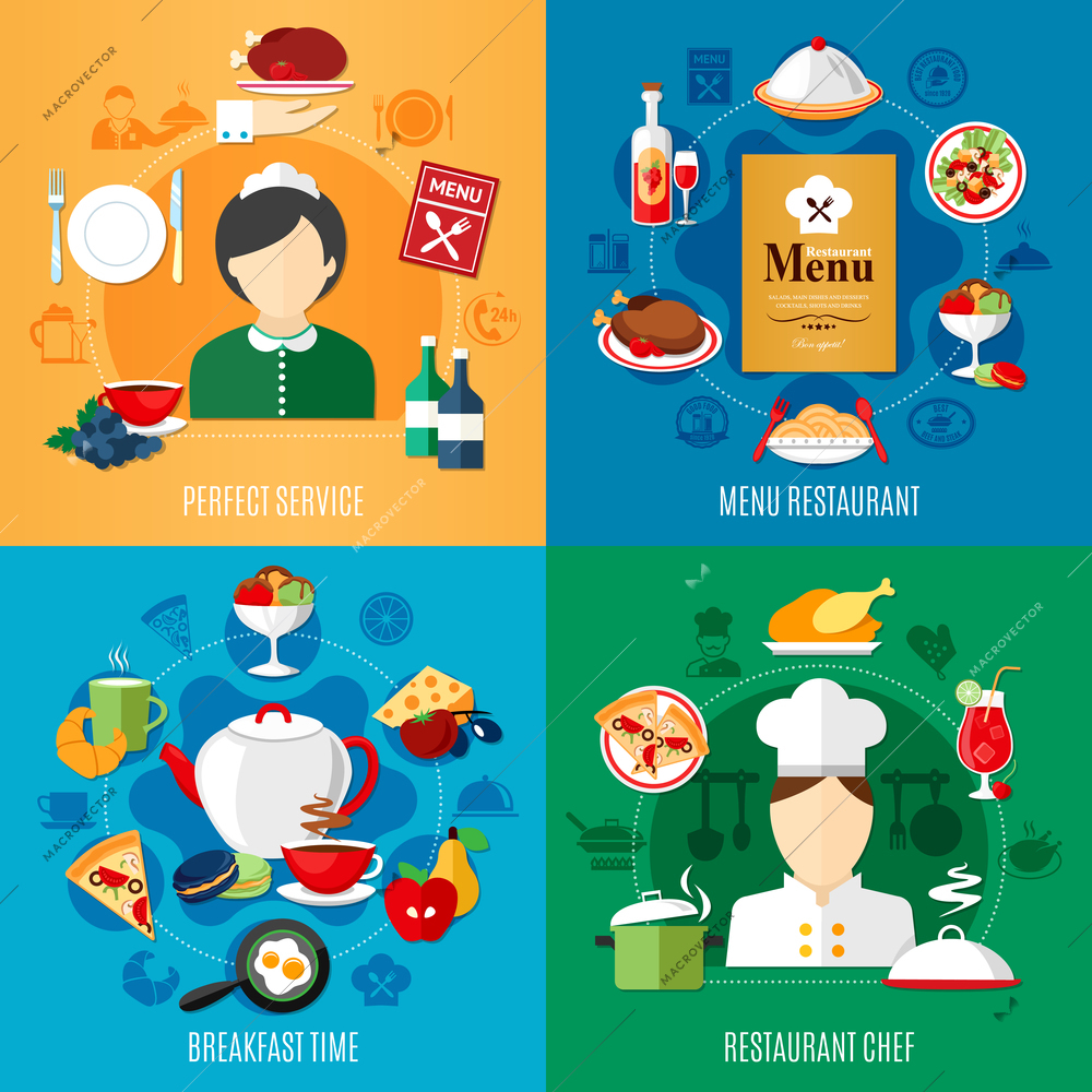 Restaurant menu and staff 2x2 design concept isolated on colorful backgrounds flat vector illustration