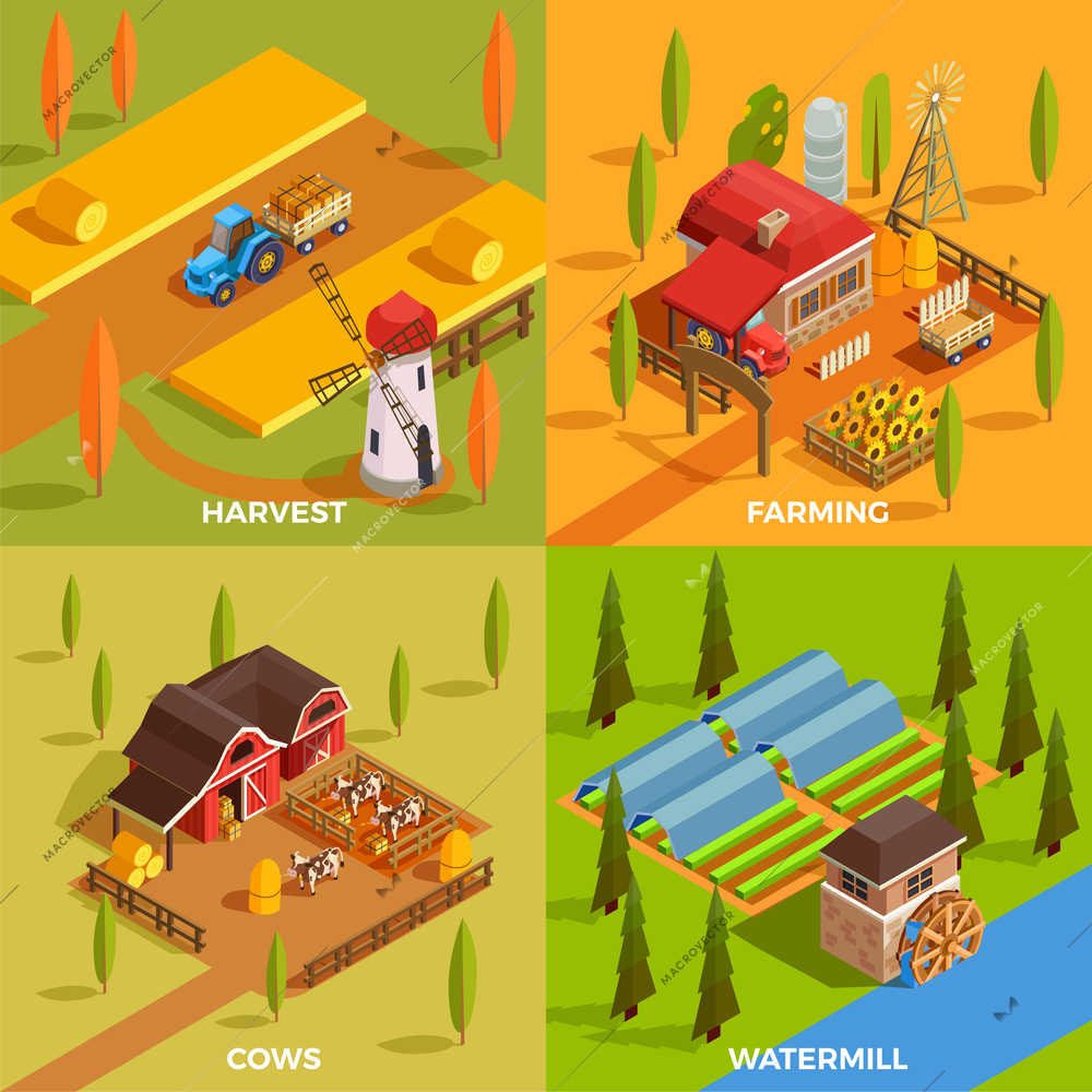 Farm rural buildings watermill domestic animals and agricultural equipment 2x2 design concept 3d isometric isolated vector illustration