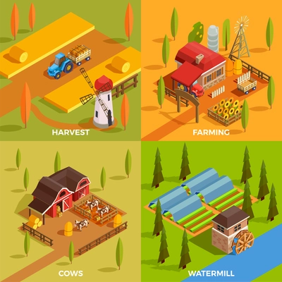 Farm rural buildings watermill domestic animals and agricultural equipment 2x2 design concept 3d isometric isolated vector illustration