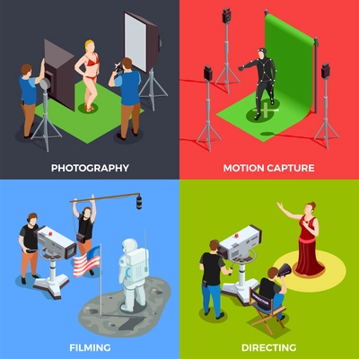 Isometric cinematograph 2x2 design concept with working process of photographer operator director and actors isolated on colorful backgrounds 3d vector illustration