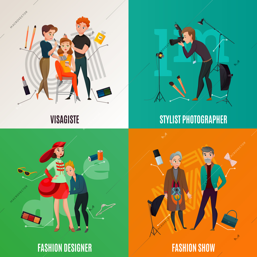 Fashion industry concept with models during show, visagiste, photographer with equipment, designer with apparel isolated vector illustration