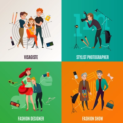 Fashion industry concept with models during show, visagiste, photographer with equipment, designer with apparel isolated vector illustration