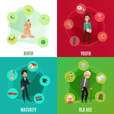 Human life cycle concept including birth, youth, maturity and old age on colorful background isolated vector illustration