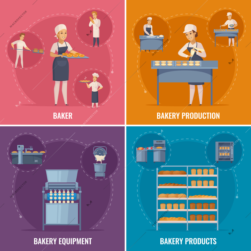 Bakery cartoon design concept with professional equipment, factory workers, bread production, flour products isolated vector illustration