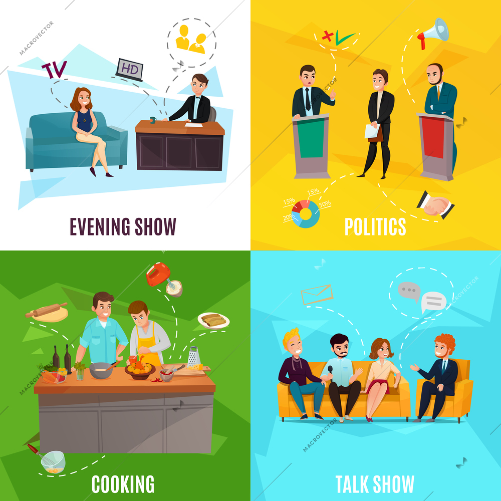 Participants in cooking evening and political talk shows 2x2 design concept isolated on colorful backgrounds cartoon vector illustration