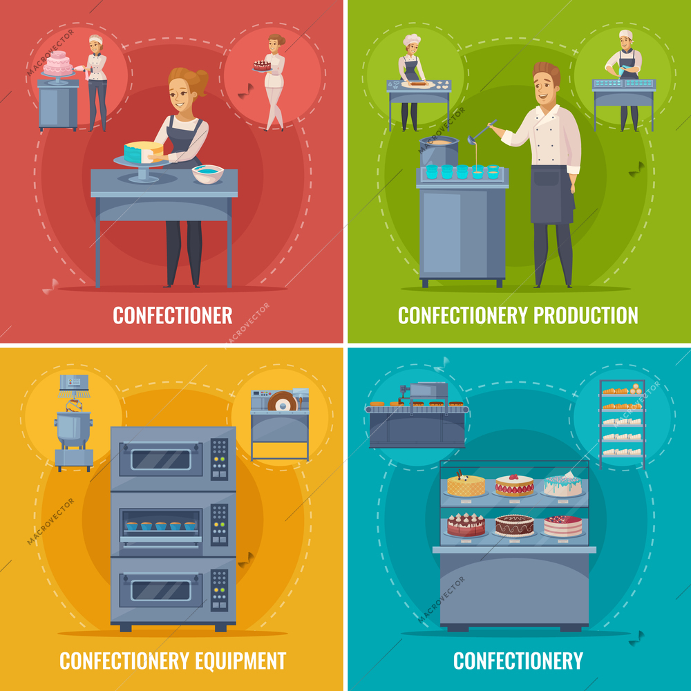 Confectionery production cartoon concept with cakes and sweets in showcase, professional equipment, pastry cook isolated vector illustration