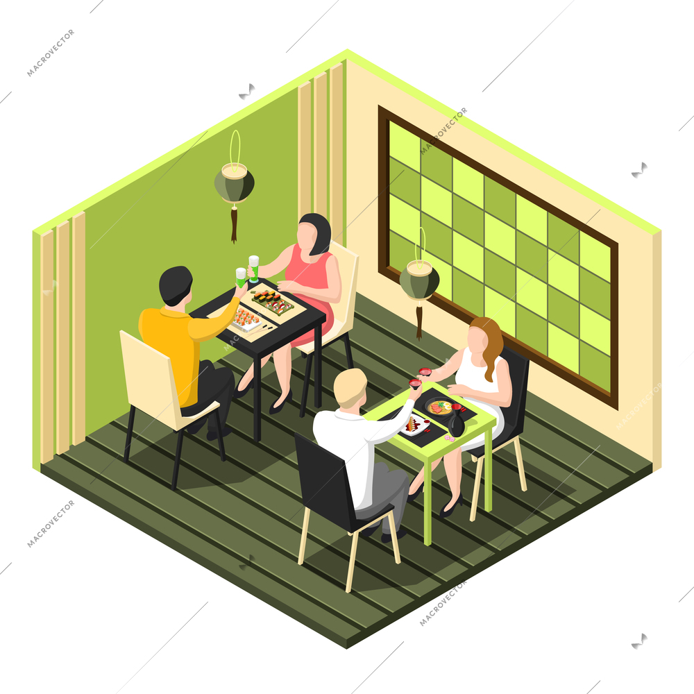 Isometric composition with two couples having dinner at sushi bar on white background 3d vector illustration