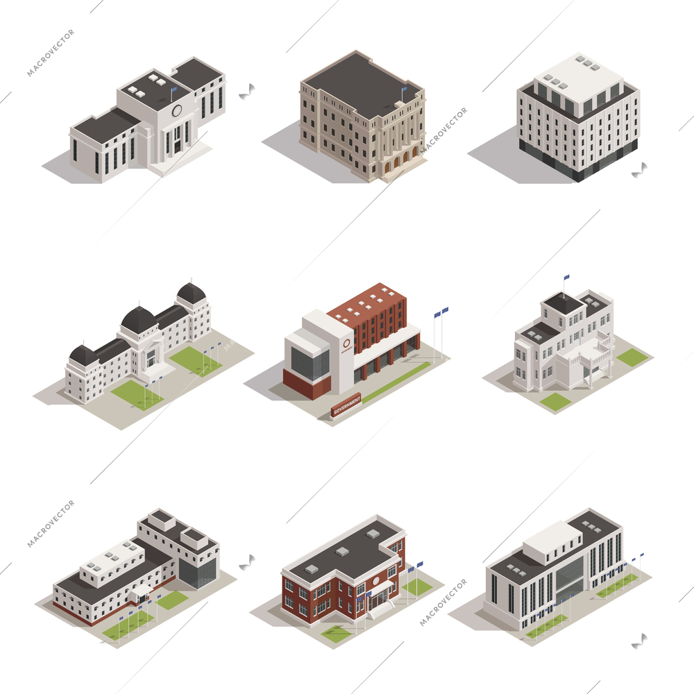 Modern and historical representative government building architectural monuments outdoor isometric view icons collection isolated vector illustration