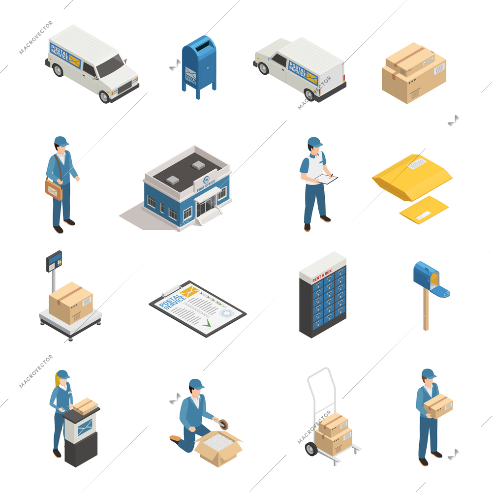 Postal mail shipping service isometric icons set with post office parcels mailman and postoffice box isolated vector illustration