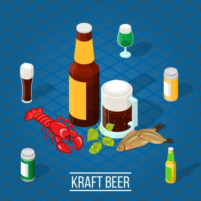 3d bottles and glasses with dark and lager beer and salty snacks on blue background isometric vector illustration