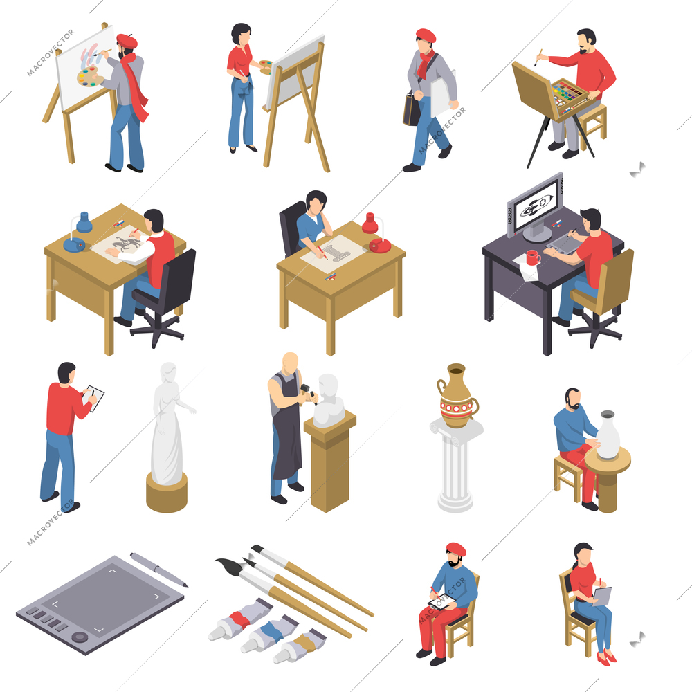 Isometric set of artists with accessories near easels, sculpture, pottery, behind table and computer isolated vector illustration