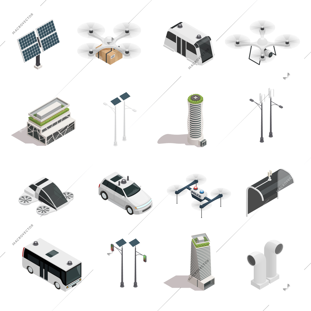 Smart city isometric icons collection with ecological energy sources unmanned vehicles and air purification technology isolated vector illustration