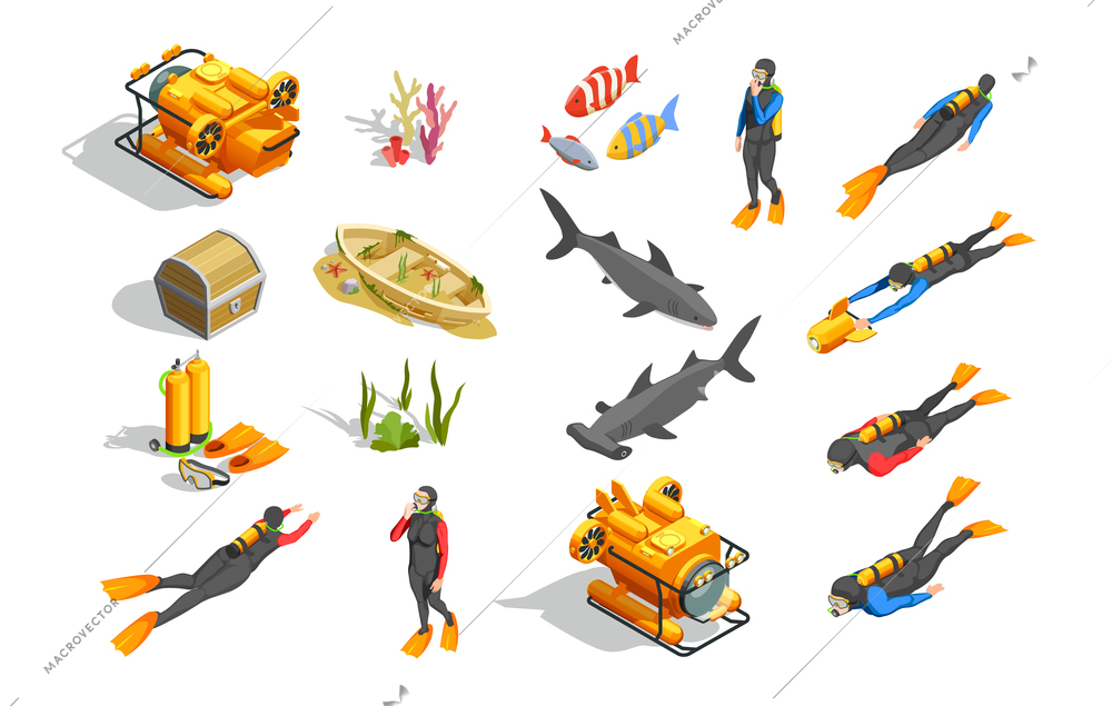 Scuba diving snorkelling isometric icons with isolated human characters wet suit equipment bathyscaph and  ground objects vector illustration