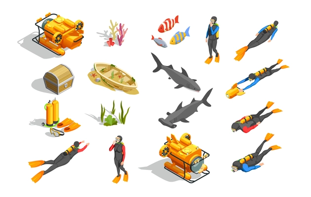 Scuba diving snorkelling isometric icons with isolated human characters wet suit equipment bathyscaph and  ground objects vector illustration