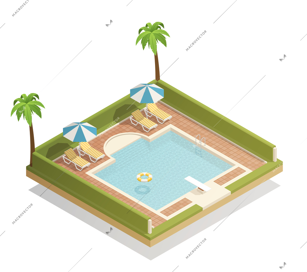 Outdoor swimming pool in tropic resort with palms lounge chairs and diving board isometric composition vector illustration
