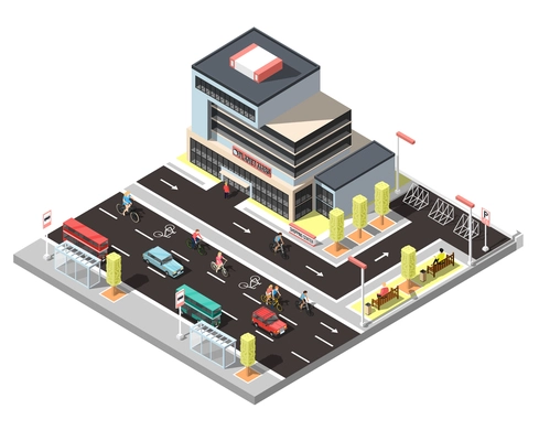 City constructor isometric fragment with modern town building stop for urban transport car and bicycle traffic vector illustration