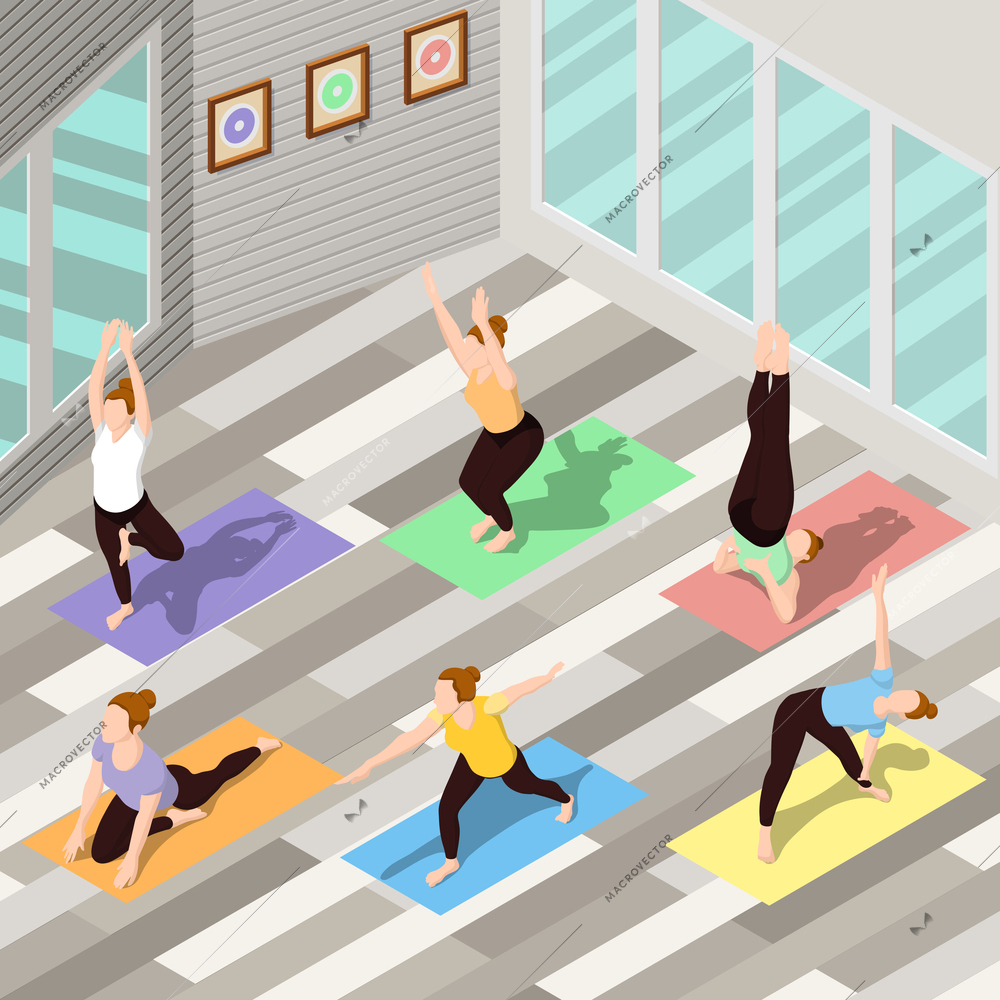 Isometric background with people doing yoga on colorful carpets in spacious fitness studio 3d vector illustration