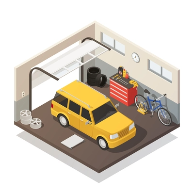 Yellow station wagon and bicycle in car repair and maintenance garage service isometric interior view vector illustration