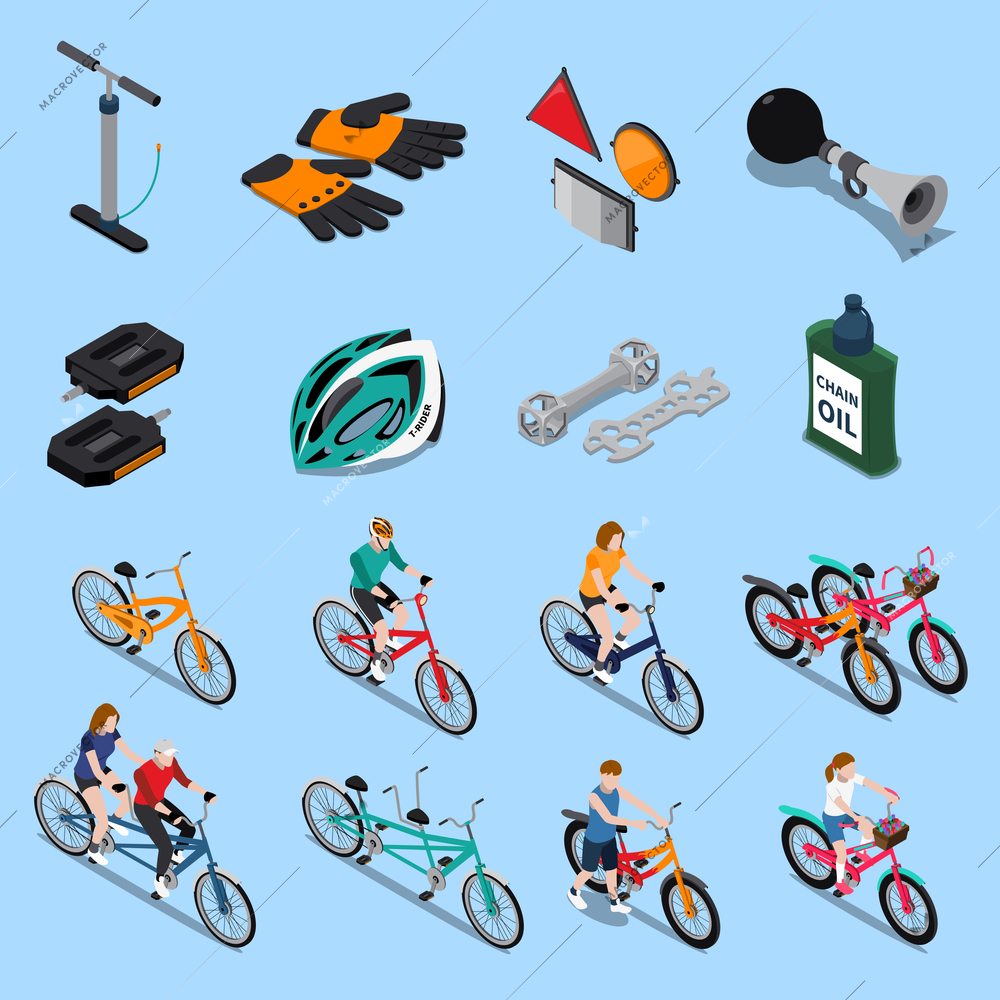 Colored and isometric bicycle isometric icon set with athletes and their equipment for trips vector illustration