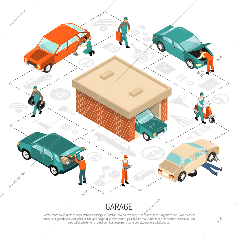 Garage and vehicles isometric composition with car repair, man with scooter, tyres on white background vector illustration