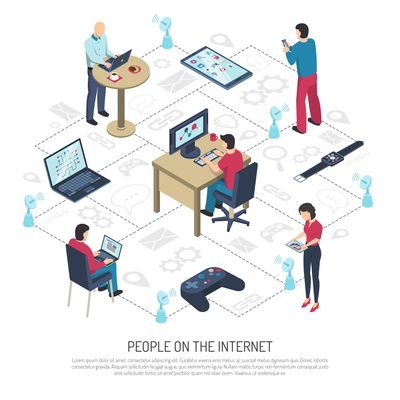 People with electronic devices on internet, satellite dishes with wifi on white background isometric vector illustration