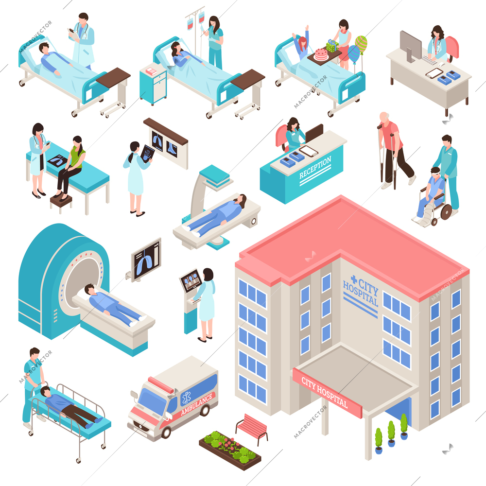 Hospital isometric set with people equipment and building service isolated vector illustration