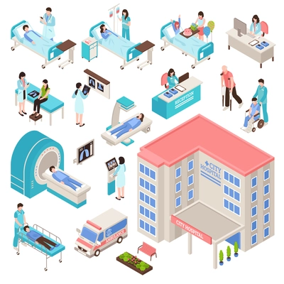 Hospital isometric set with people equipment and building service isolated vector illustration