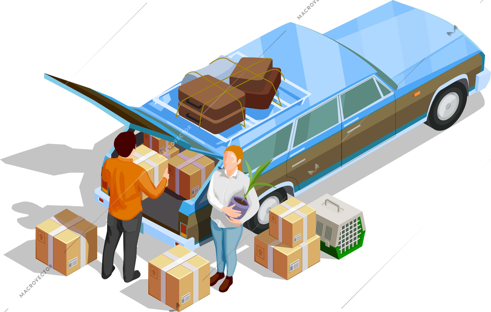 People moving to new house and packing boxes on white background 3d isometric vector illustration